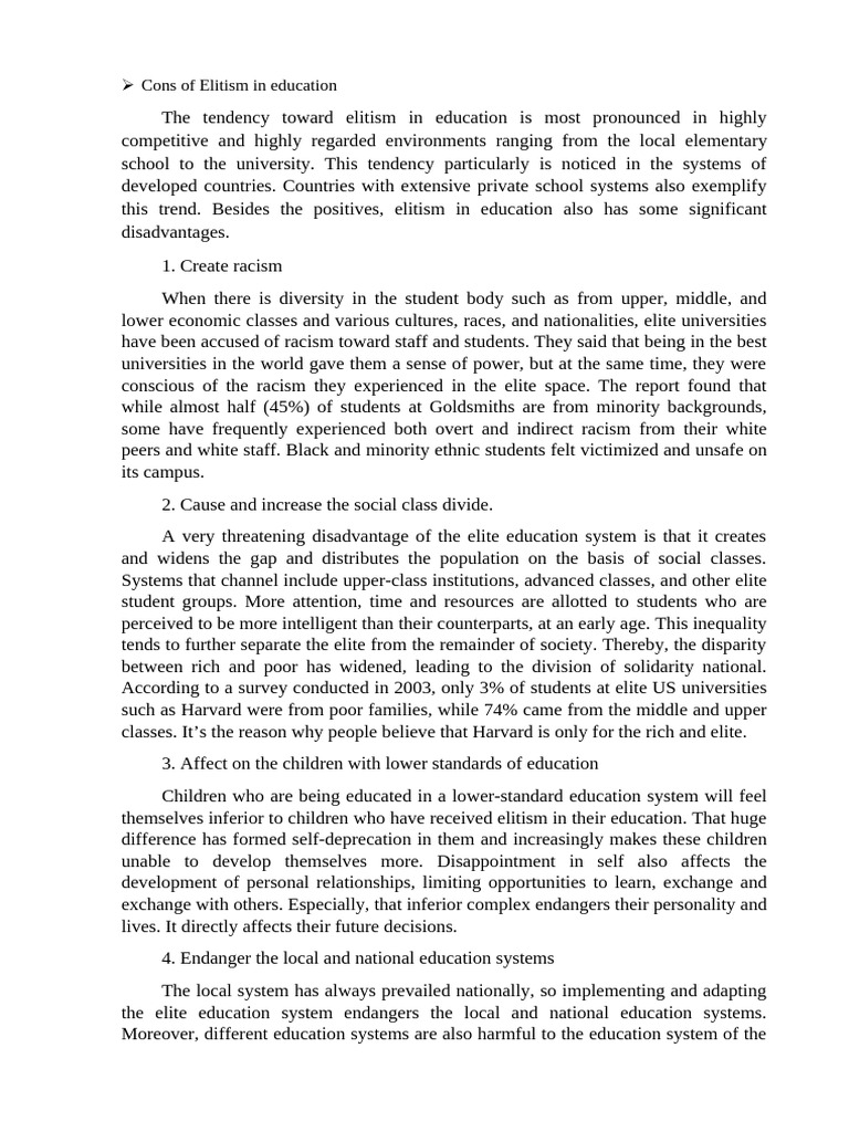 Disadvantages of Elitism in Education | PDF | Racism | Discrimination ...