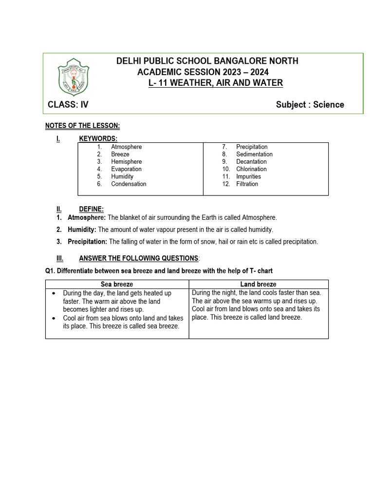 Class IV Science: Weather & Water Notes | PDF | Water | Precipitation