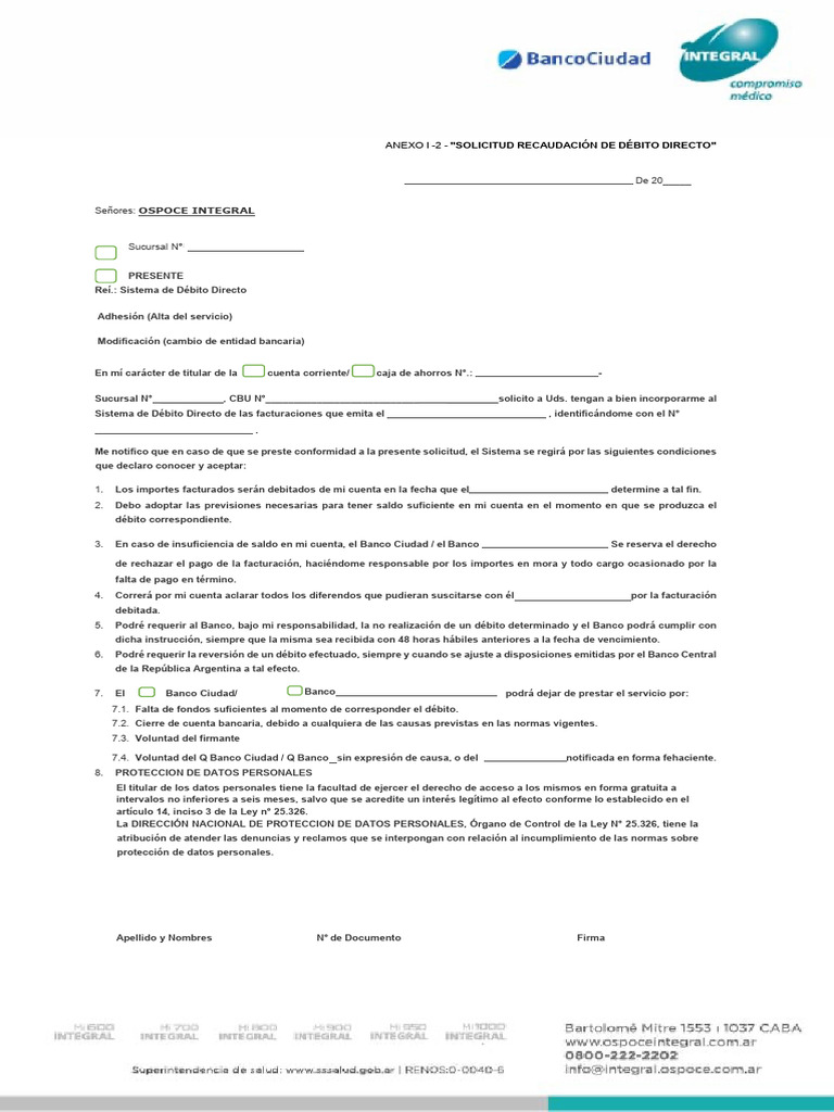 Solicitud de Débito Directo OSPOCE | PDF | Bancos | Tarjeta de débito