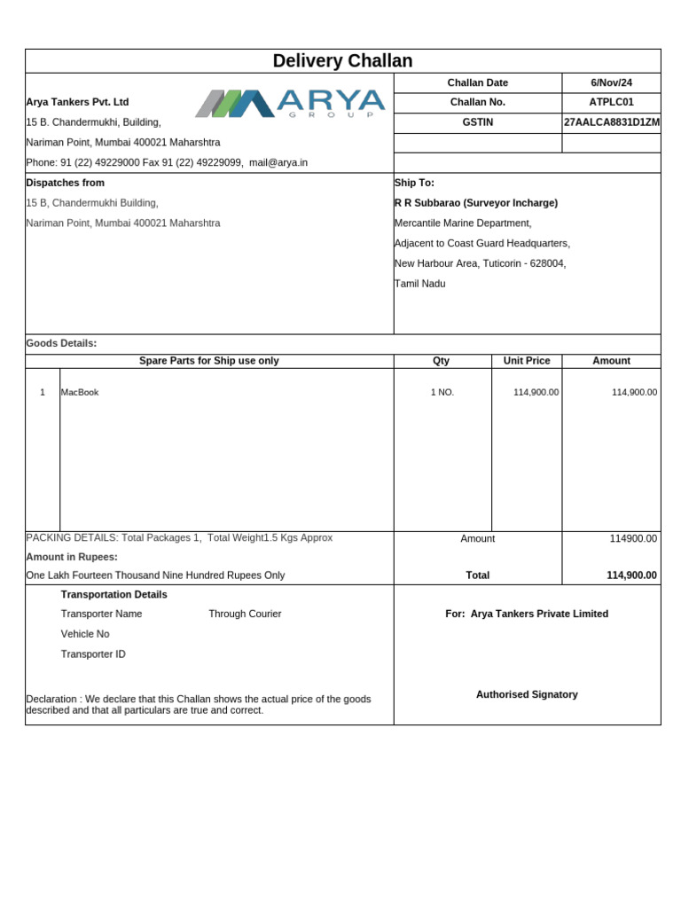 Arya Tankers Delivery Challan Details | PDF