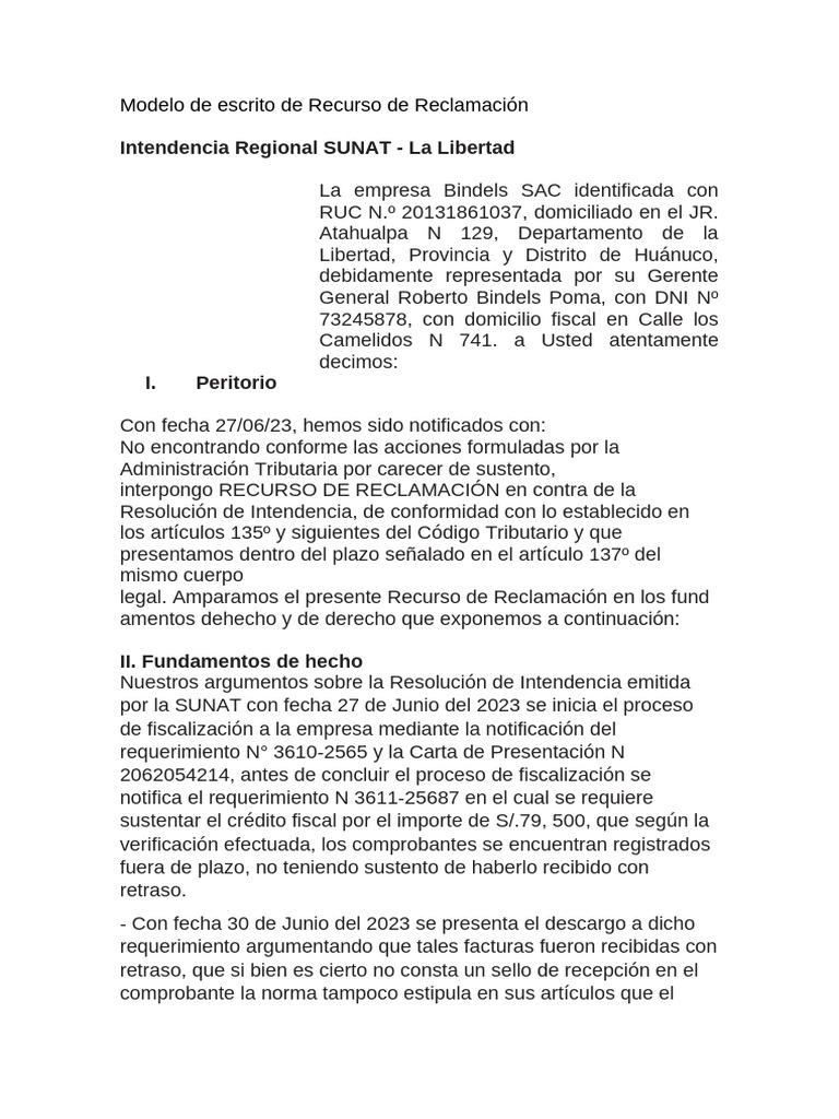 Modelo de Recurso de Reclamación SUNAT | PDF | Gobierno