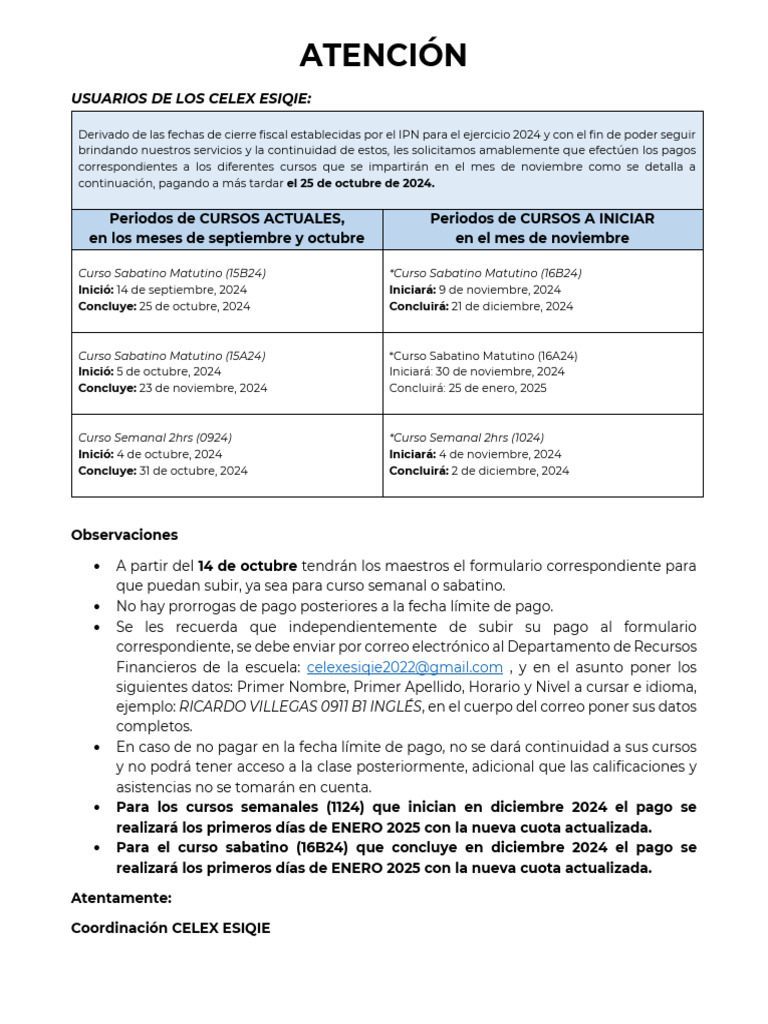CELEX ESIQIE Pagos Anticipados Actualizado 2024 | PDF
