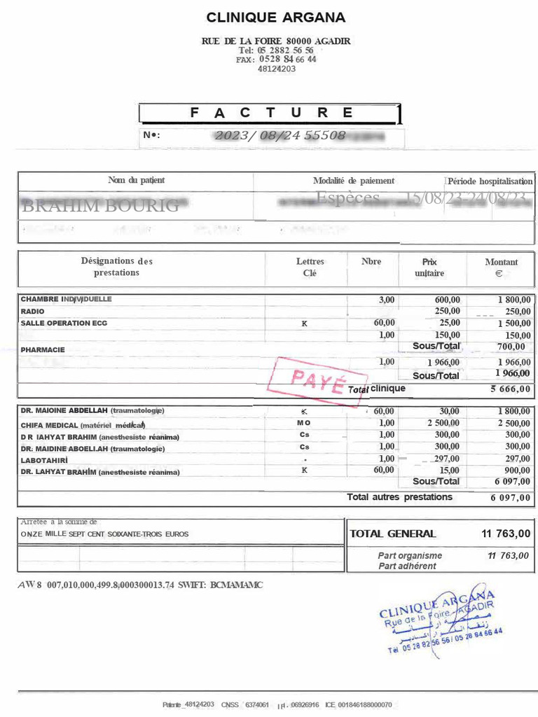 Facture Clinique Argana - Août 2023 | PDF
