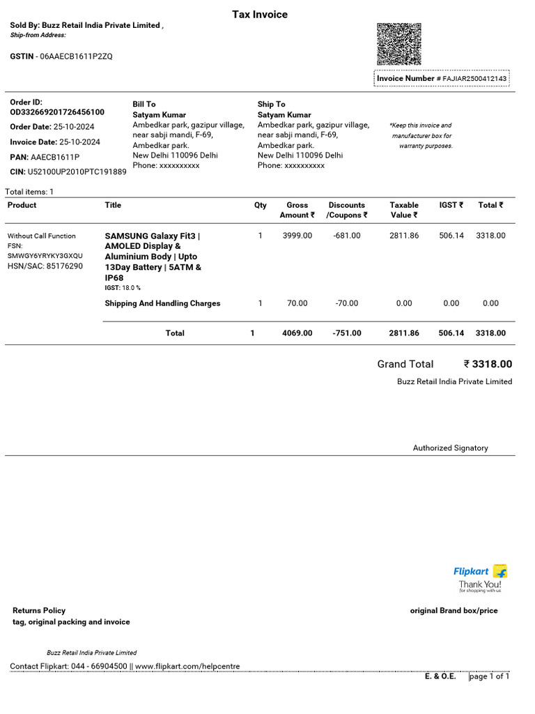 Invoice for Samsung Galaxy Fit3 Purchase | PDF | Mobile Phones