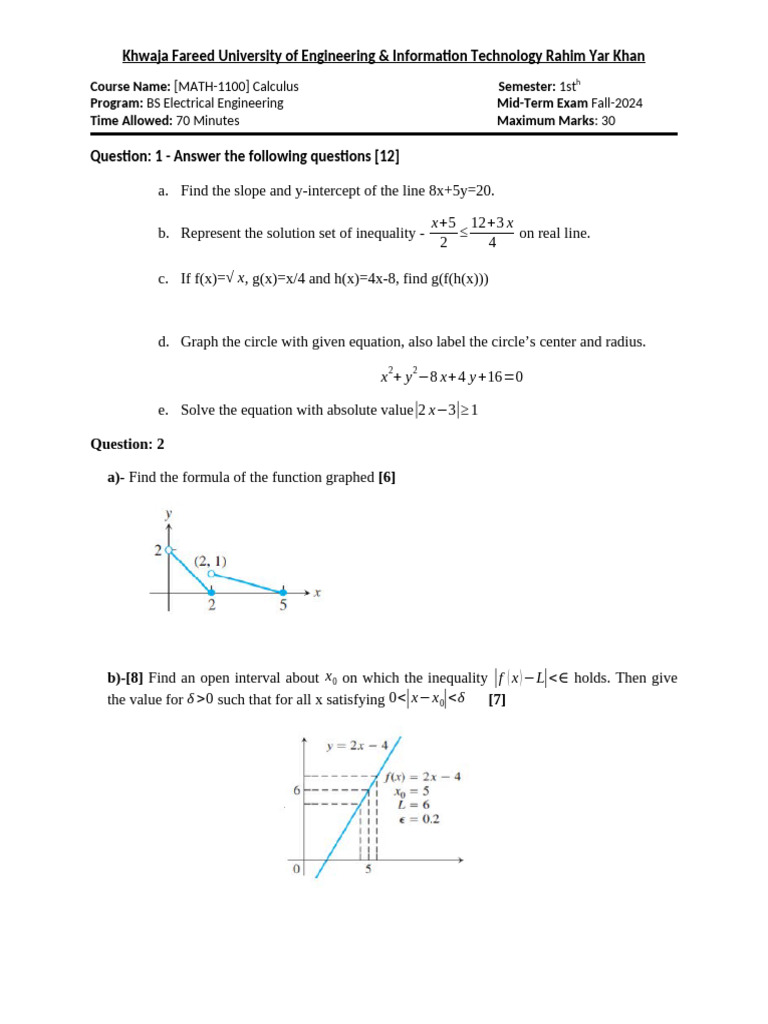 Calculus Midterm Exam Fall 2024 | PDF | Science & Mathematics | Computers