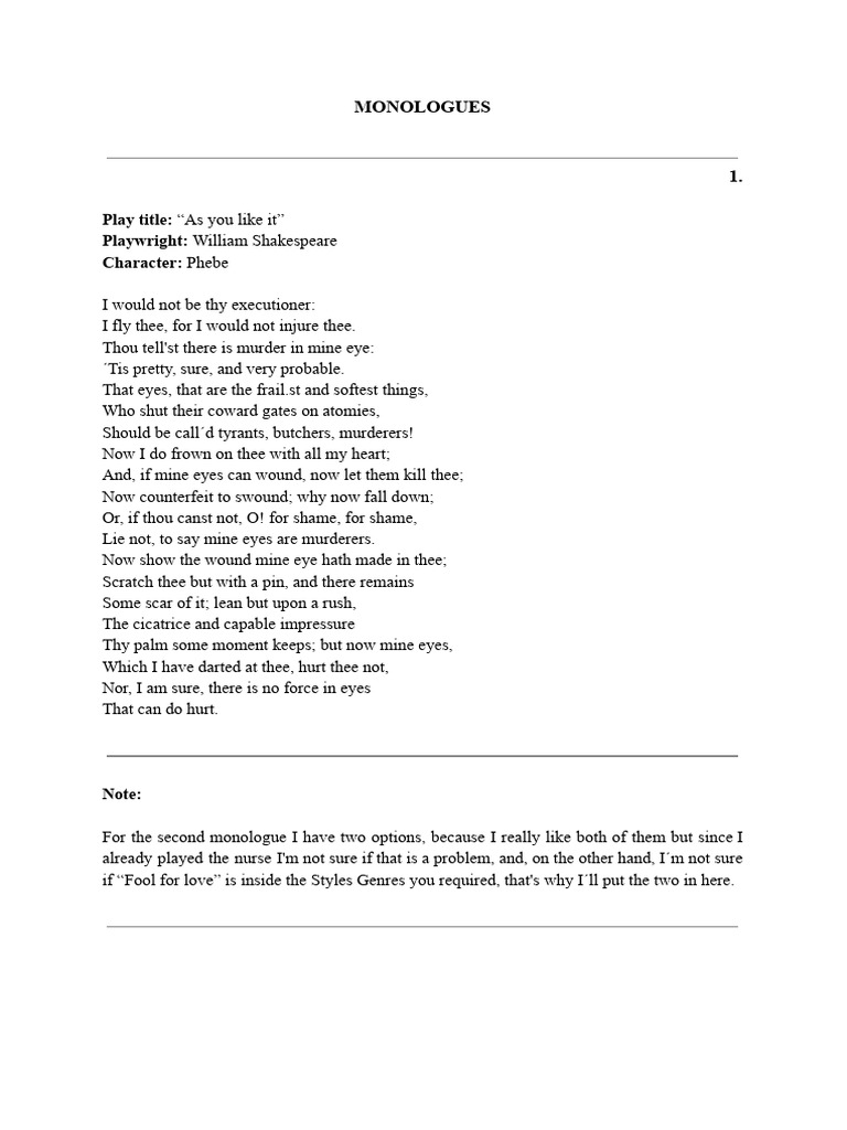 Shakespeare and Euripides Monologues | PDF | Mystery, Thriller & Crime ...