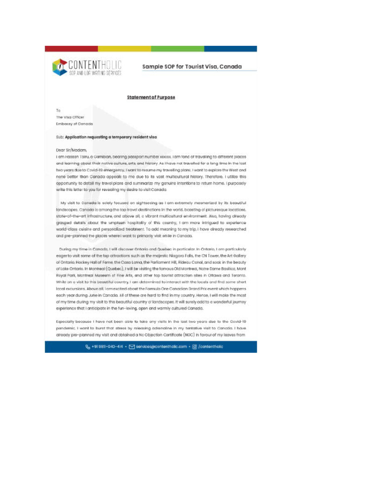 Sample Tourist Visa Sop For Canada Toranto | PDF