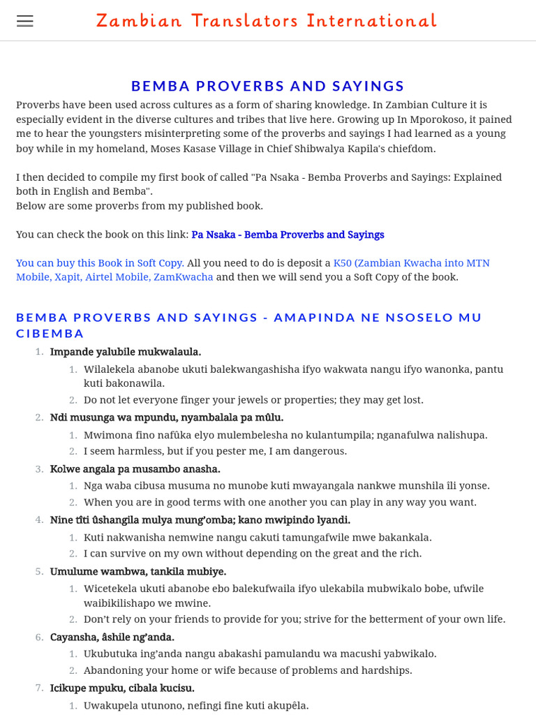 Bemba Proverbs and Their Meanings | PDF | Language Arts & Discipline ...