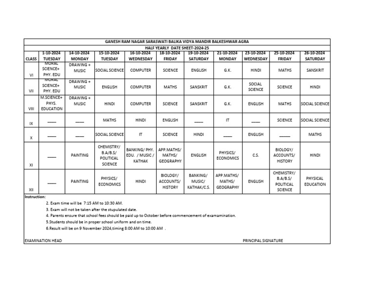 Half Yearly Exam Schedule 2024-25 | PDF | Science