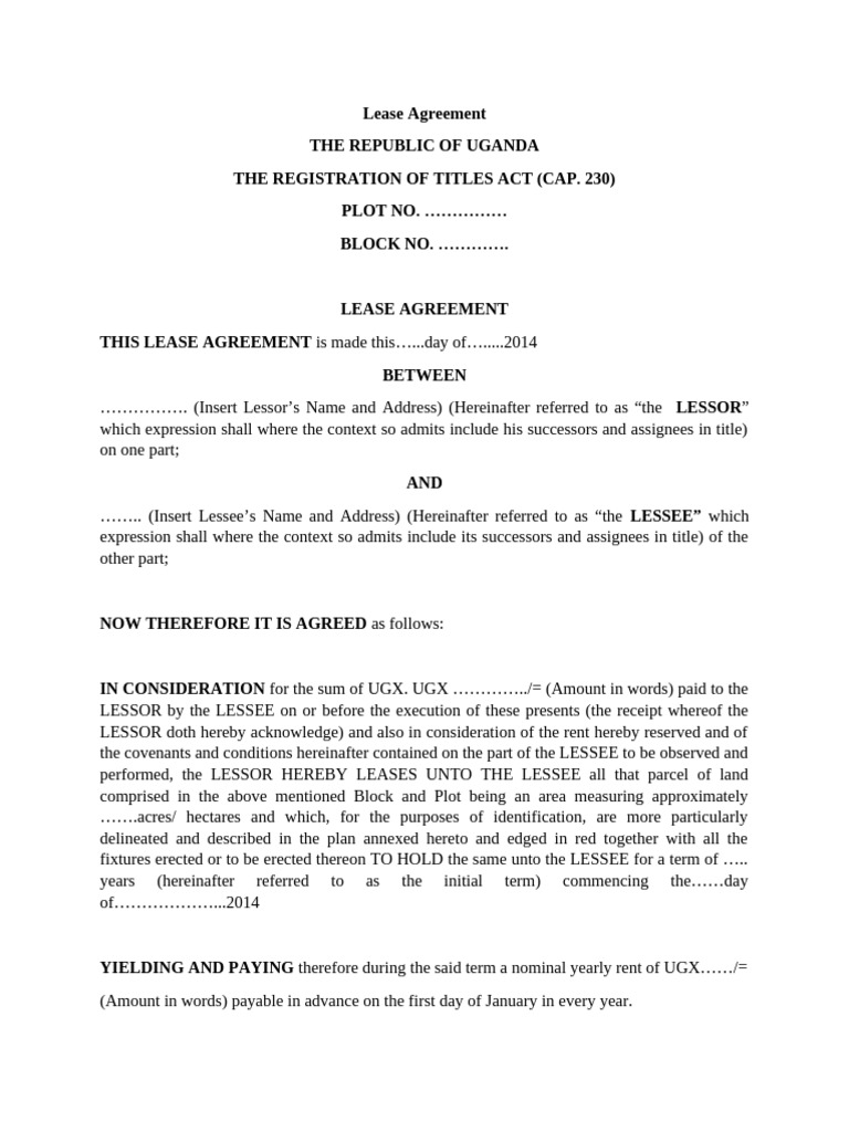 Uganda Land Lease Agreement Template | PDF | Lease | Property Law