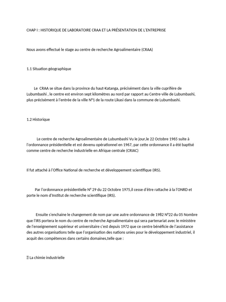 Historique du CRAA à Lubumbashi | PDF | Acide chlorhydrique | Titrage