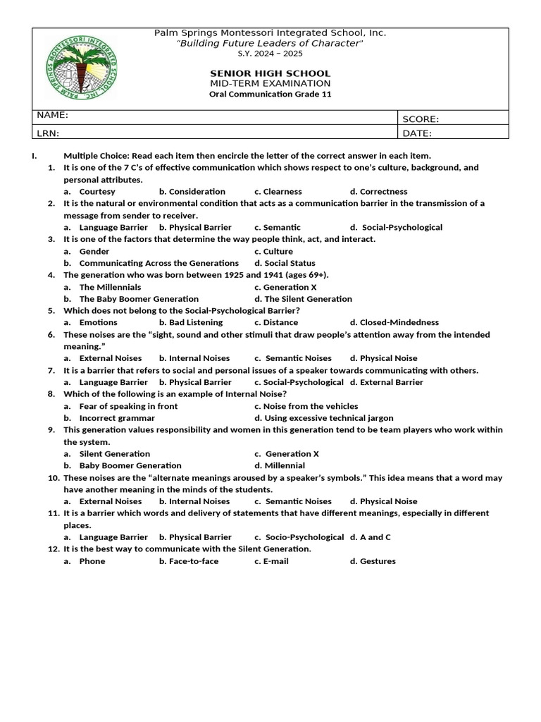 Grade 11 Oral Communication Exam Guide | PDF | Communication | Millennials