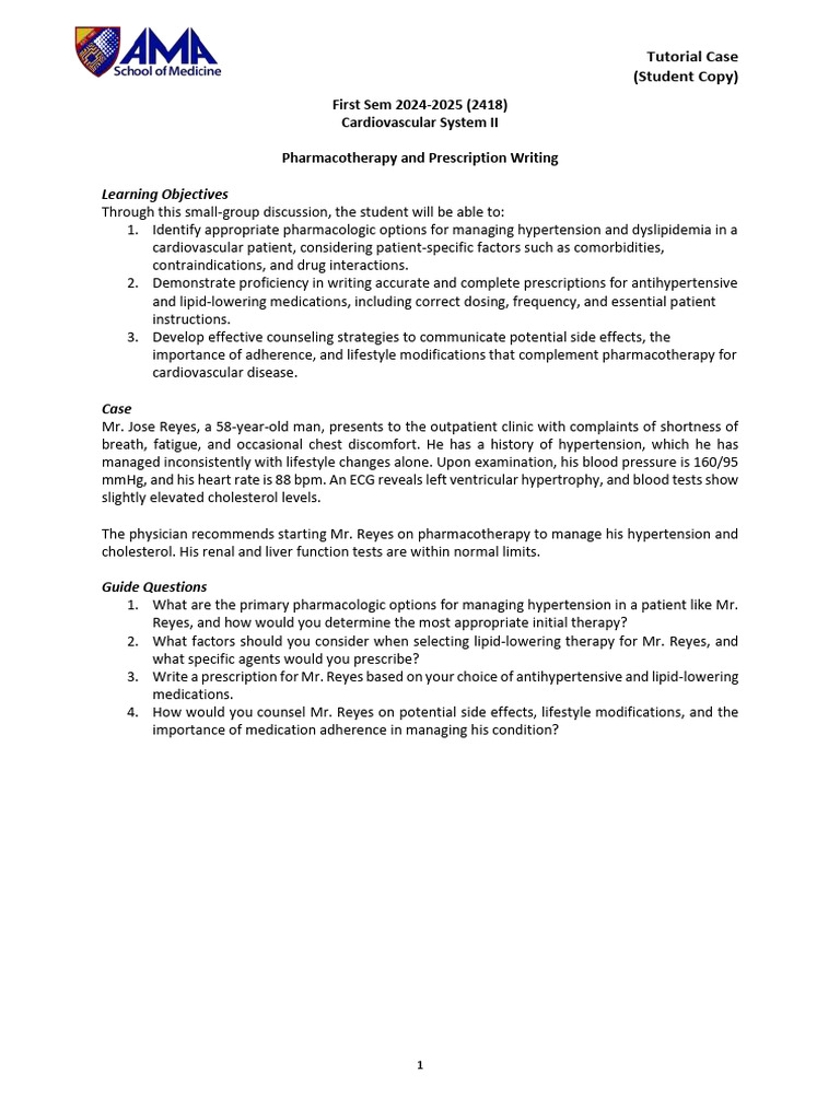 CVS II Week 4 Tutorial - Pharmacotherapy and Prescription Writing | PDF