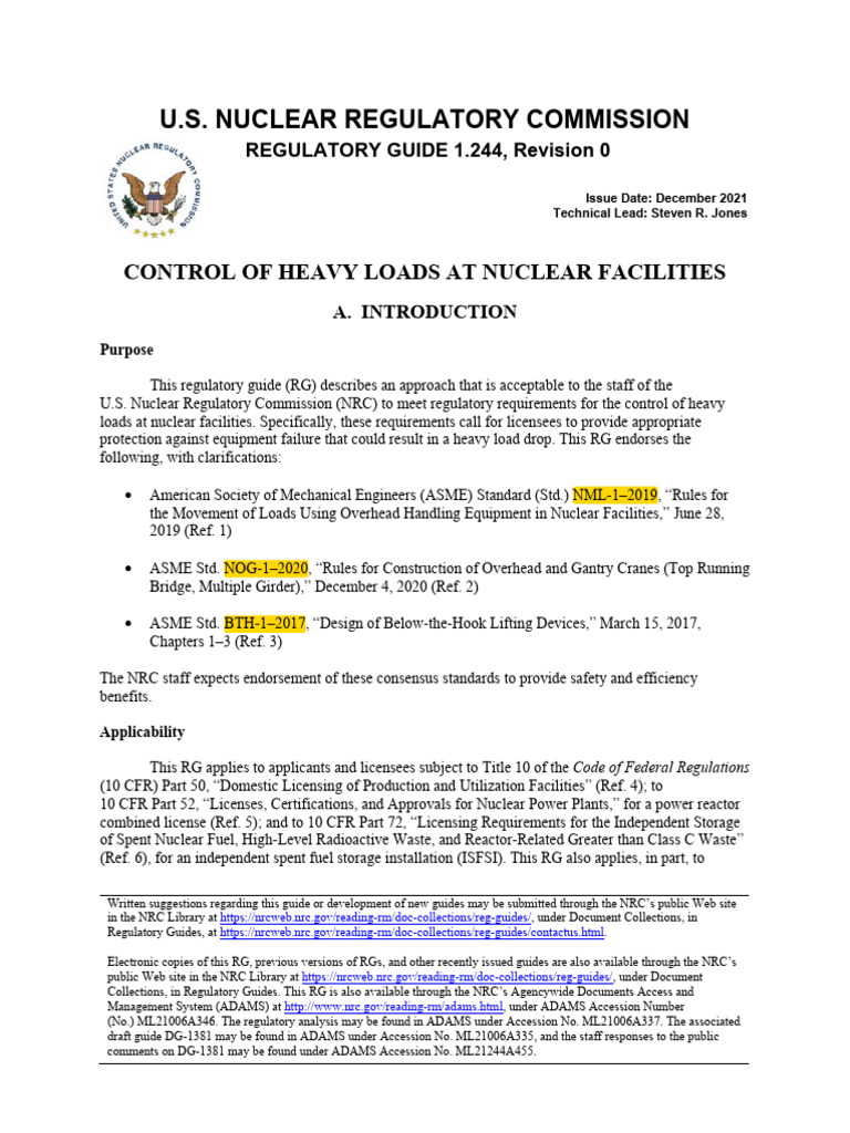 Control of Heavy Loads in Nuclear Facilities | PDF | Nuclear Regulatory ...