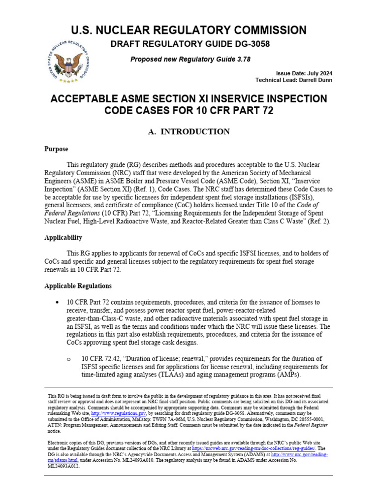 Regulatory guides 3 78 r0 2024 acceptable asme section xi inservice