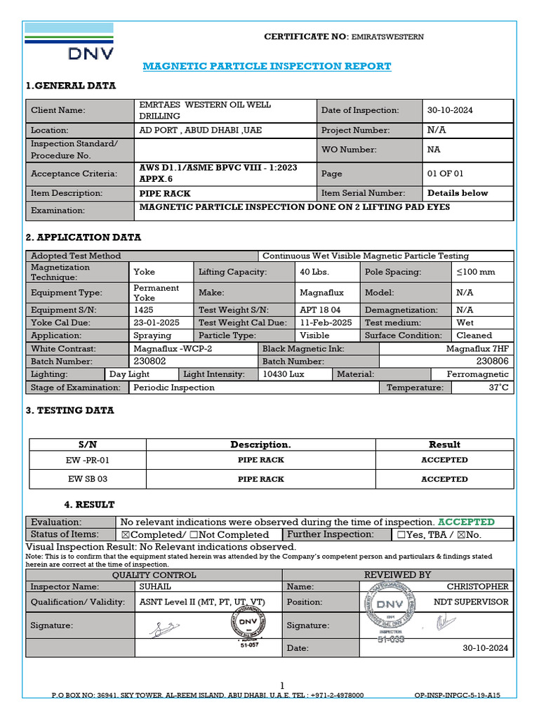 Magnetic Particle Inspection Report | PDF | Nondestructive Testing ...