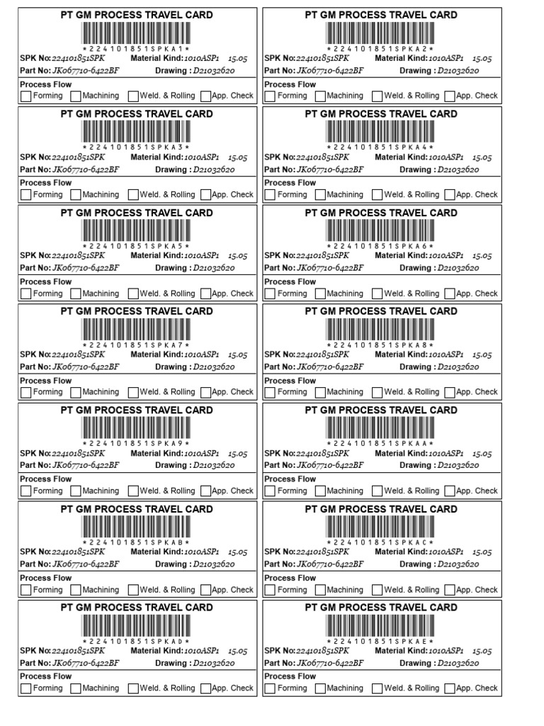 PT GM Process Travel Card Overview | PDF | Machining | Building Materials