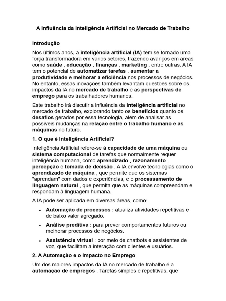 Impacto da IA no Mercado de Trabalho | PDF | Inteligência artificial ...