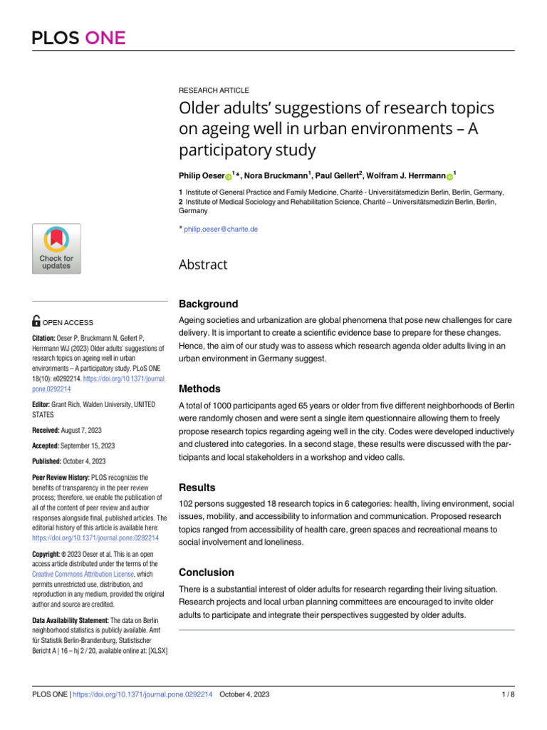 Older Adults' Suggestions of Research Topics On Ageing Well in Urban ...