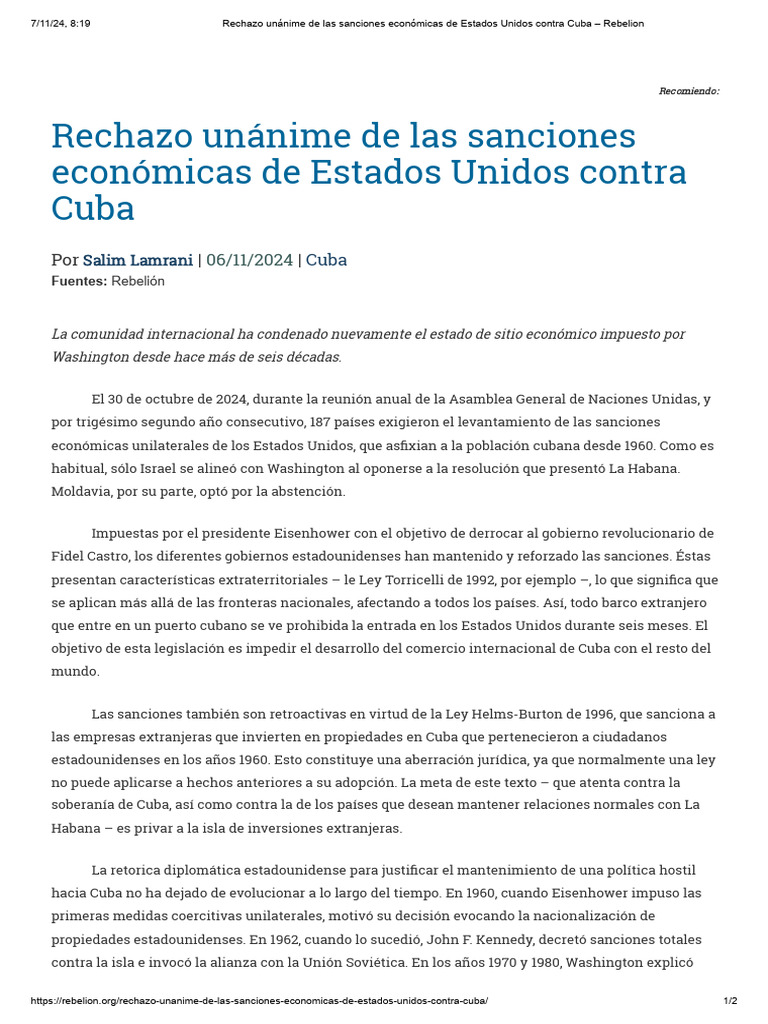 Rechazo Unánime de Las Sanciones Económicas de Estados Unidos Contra ...