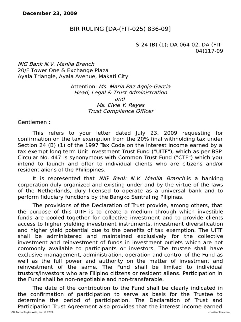 Tax Exemption for UITF Interest Income | PDF | Taxes | Investing
