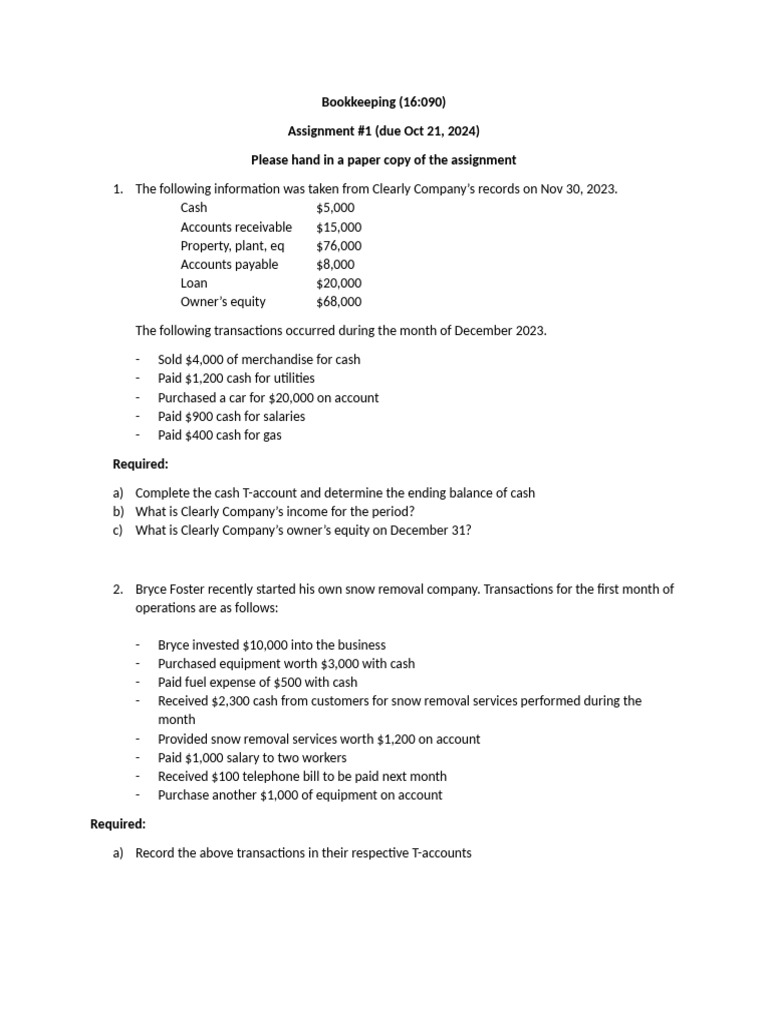Bookkeeping Assignment Overview and Tasks | PDF | Expense | Equity ...