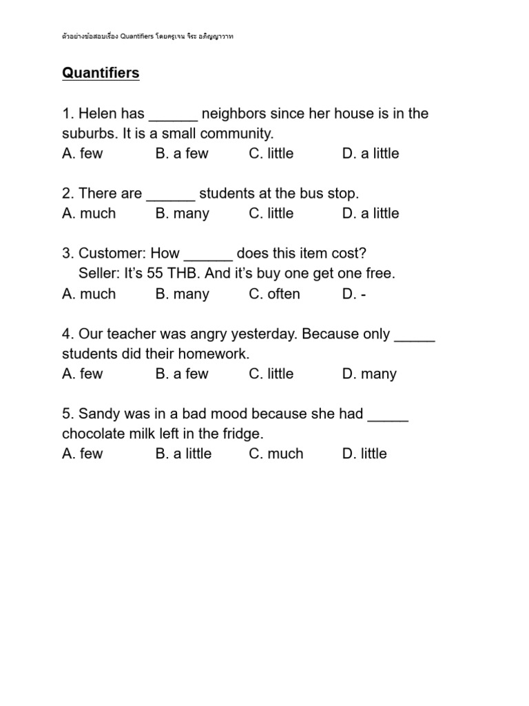Quantifiers Practice Test by Kru Jan | PDF