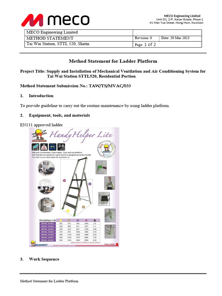 TAW - TS - MVAC - 033 - Method Statement For Ladder Platform | PDF ...