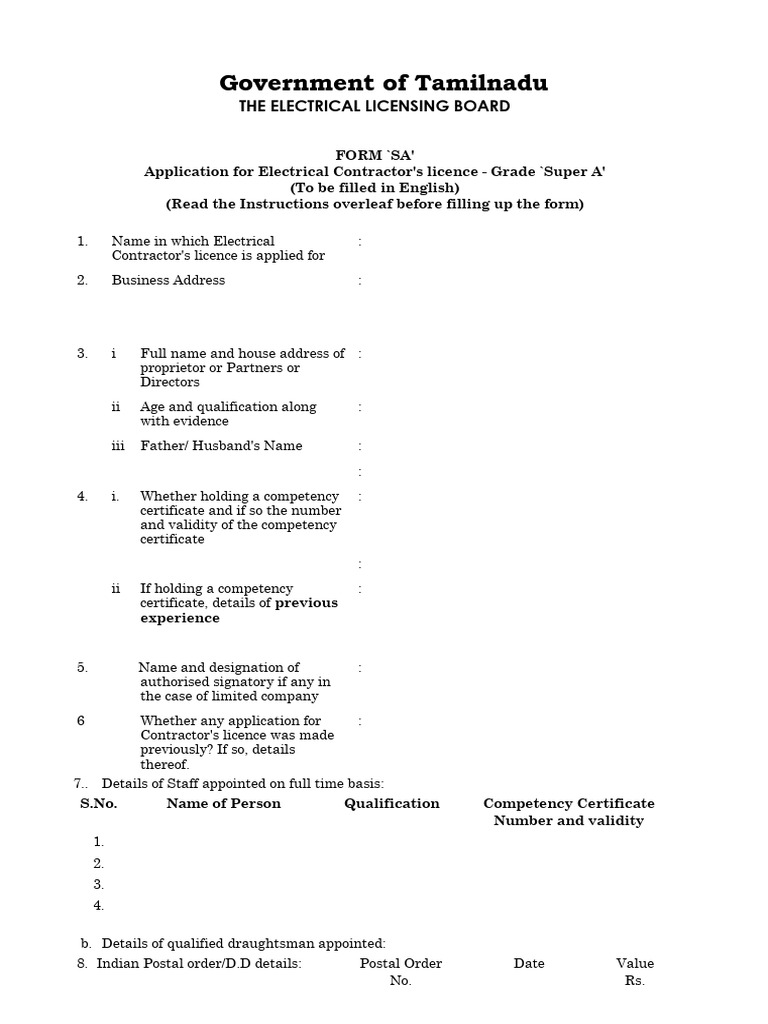 Tamil Nadu Electrical Contractor License Application | PDF | Insulator ...