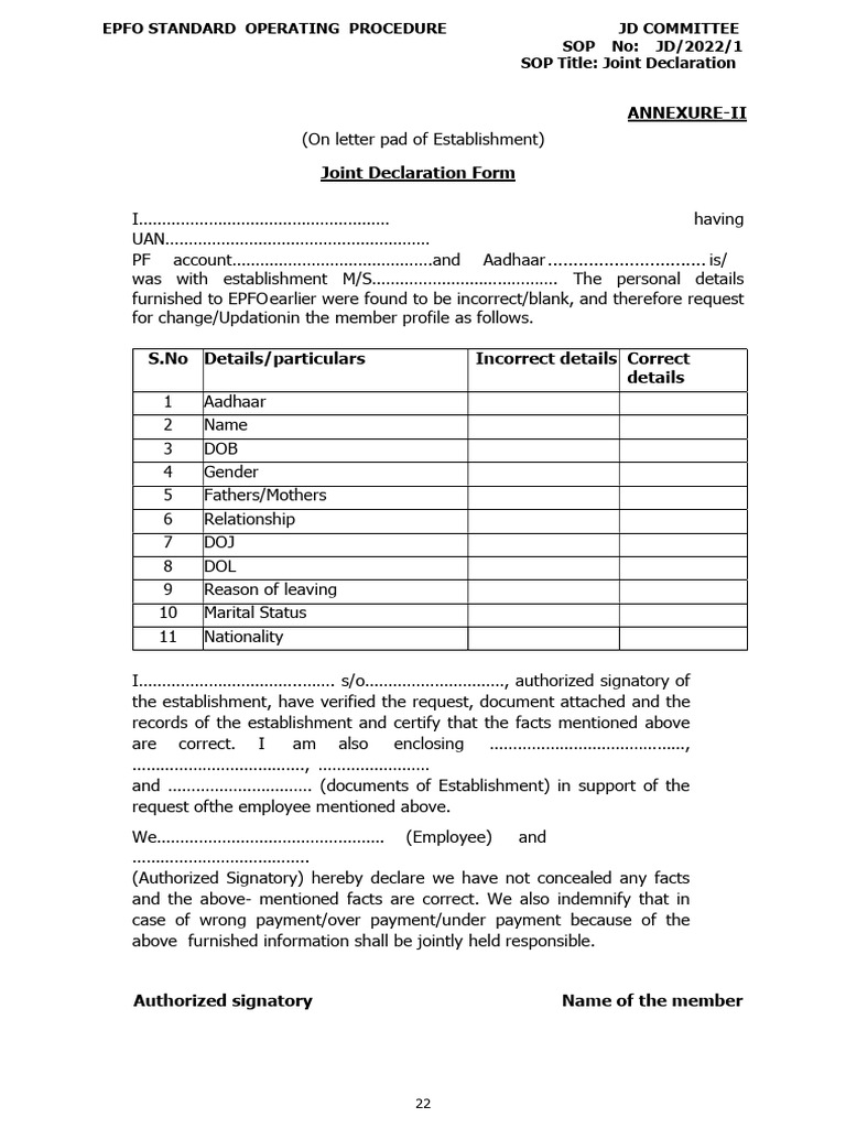 EPFO Joint Declaration SOP Form | PDF | Law