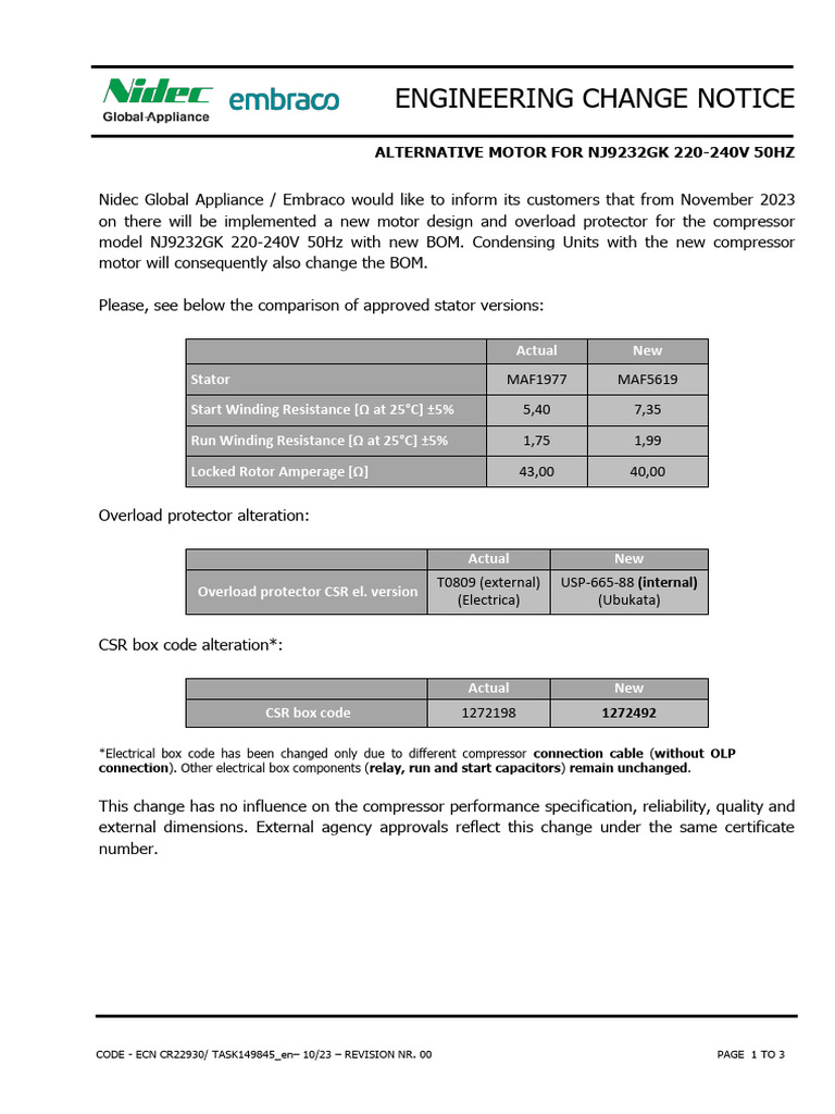 NJ9232GK Motor Change Notice | PDF | Electric Motor | Alternating Current