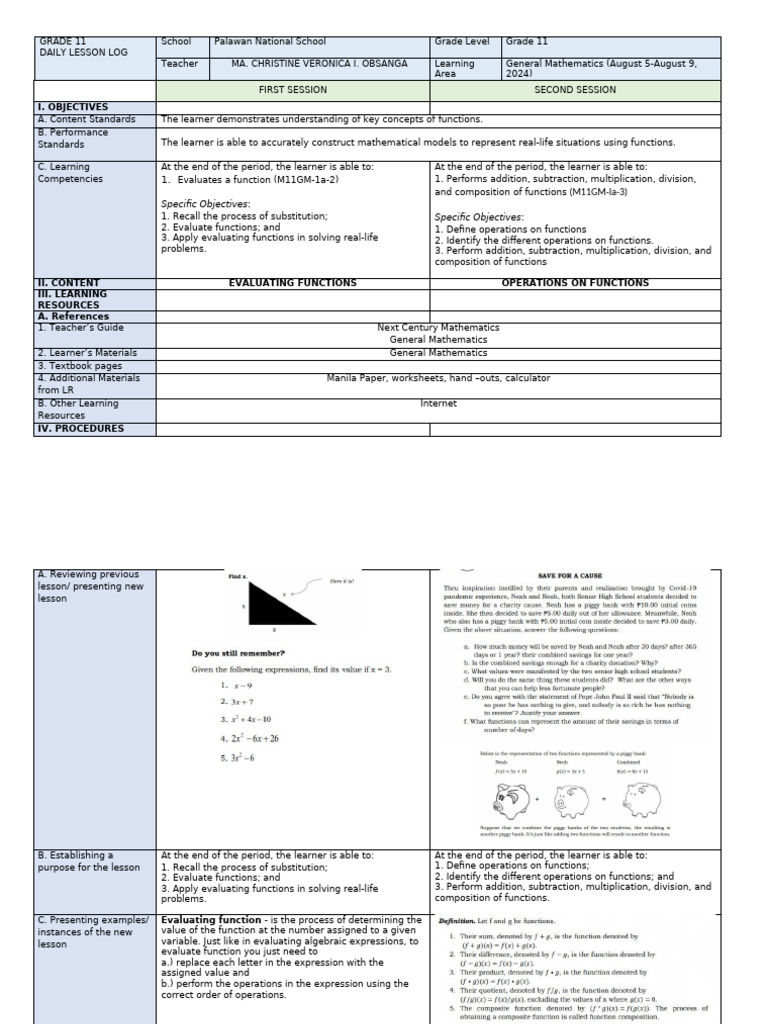 Grade 11 General Math Lesson Plan | PDF | Function (Mathematics) | Learning