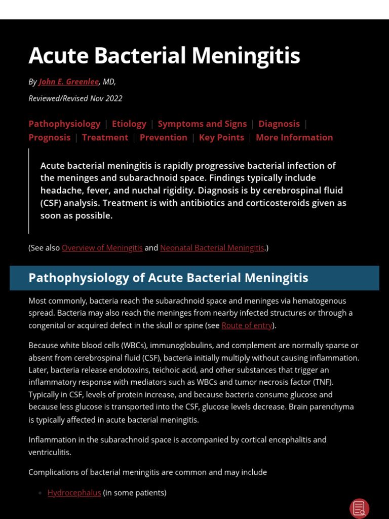 CSF Findings in Acute Bacterial Meningitis | PDF | Meningitis | Pneumonia