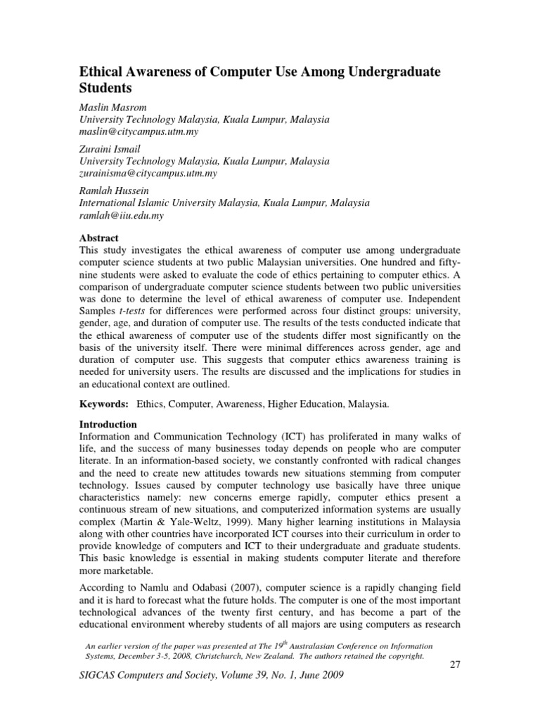 Ethical Awareness of Computer Use Among Undergraduate Students | PDF ...