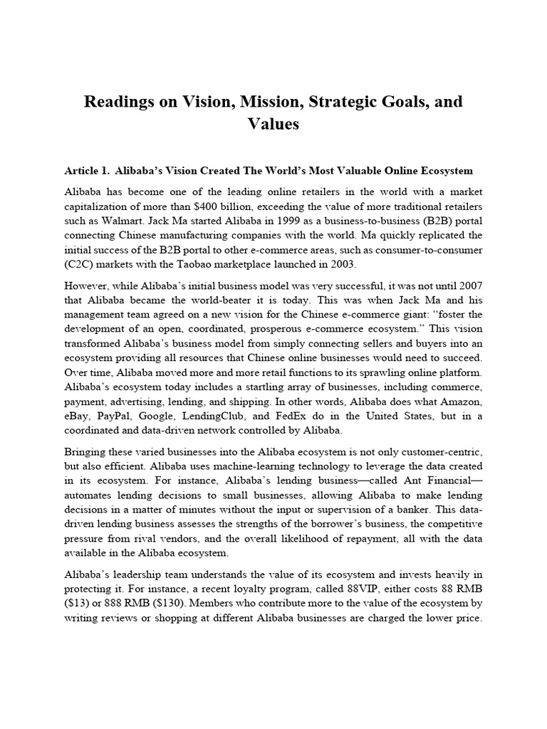 Vision, Mission, Objectives, Values | PDF | Alibaba Group | Private Sector