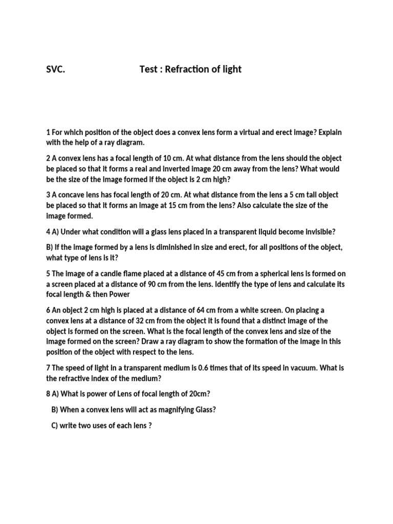 Refraction of Light Test 18 July 22 | PDF