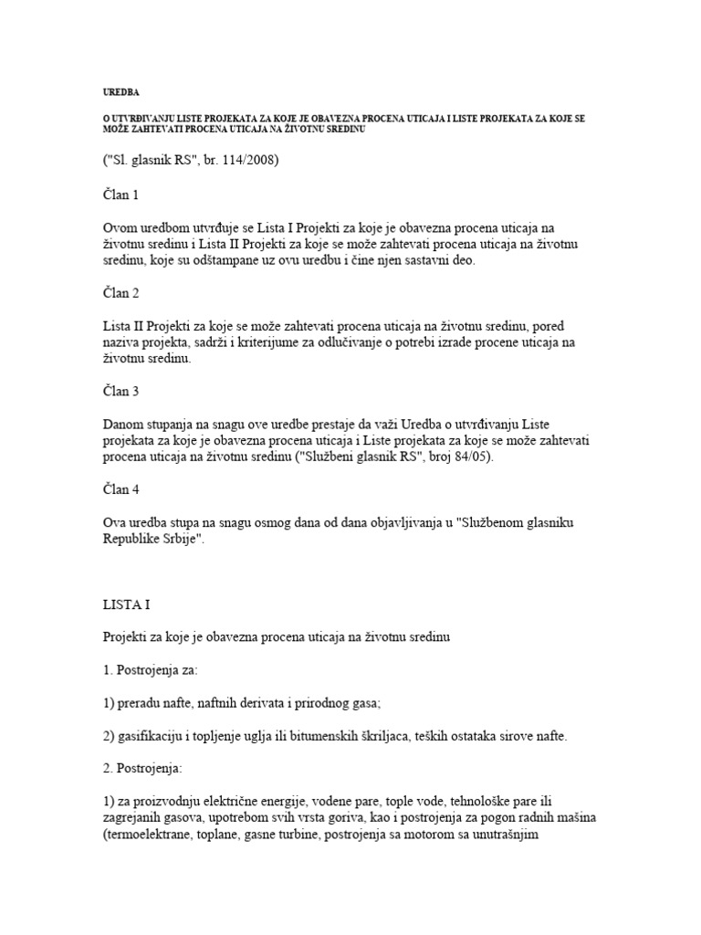 Uredba Projekti Za Koje Je Potrebna Studija Ili Elaborat Za Procenu 