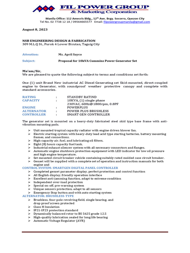 Proposal for 10kVA Generator Set | PDF | Engines | Electrical Components