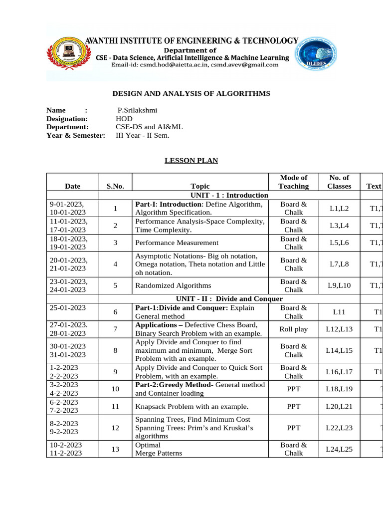 UPDATED-DAA LessonPlan-III-II DS, AI&ML | PDF | Dynamic Programming ...