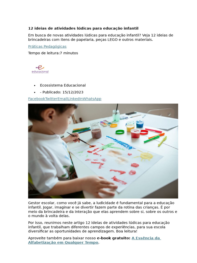 12 Atividades Lúdicas para Educação Infantil | PDF | Pré-escola ...