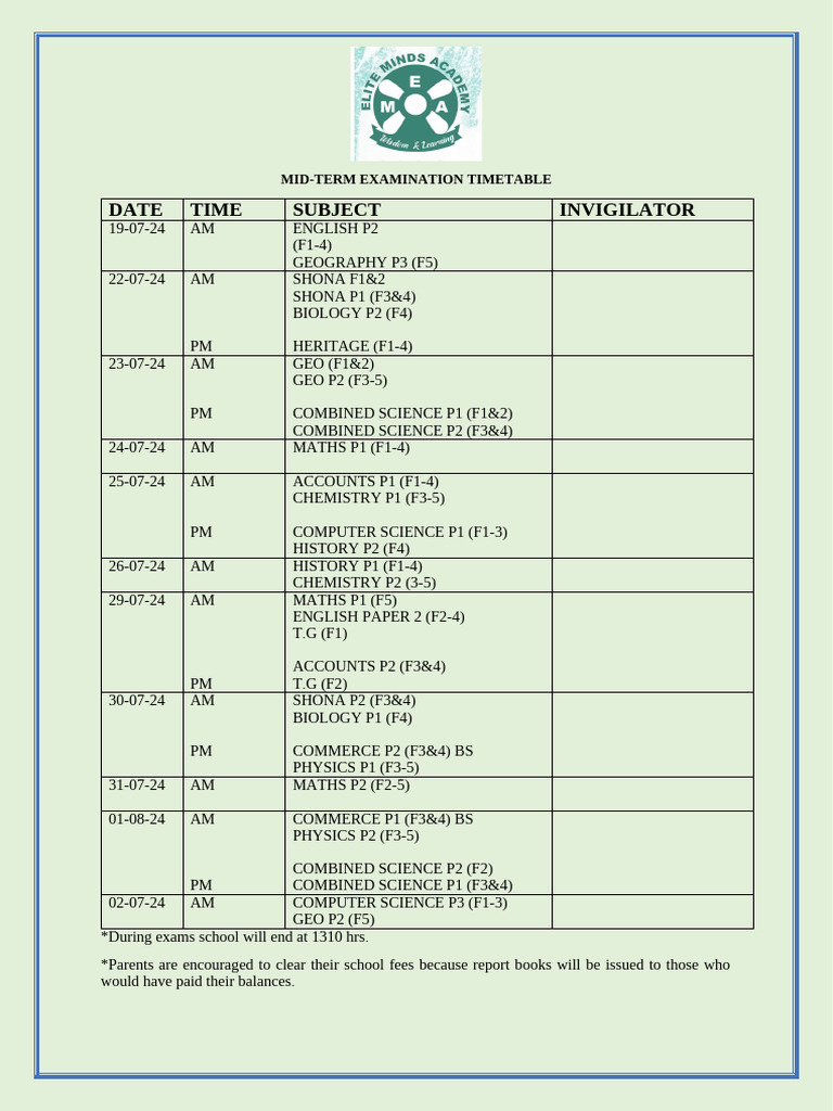 End of Term Timetable and Calender - 092145 | PDF