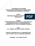 Aproximación Filosófica Al Discurso de Inauguración de La Universidad de Panamá Del Dr. Octavio Méndez Pereira.