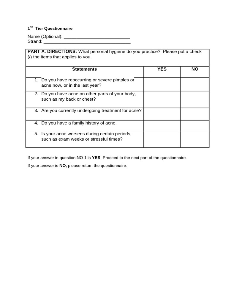 Personal Hygiene and Acne Questionnaire | PDF