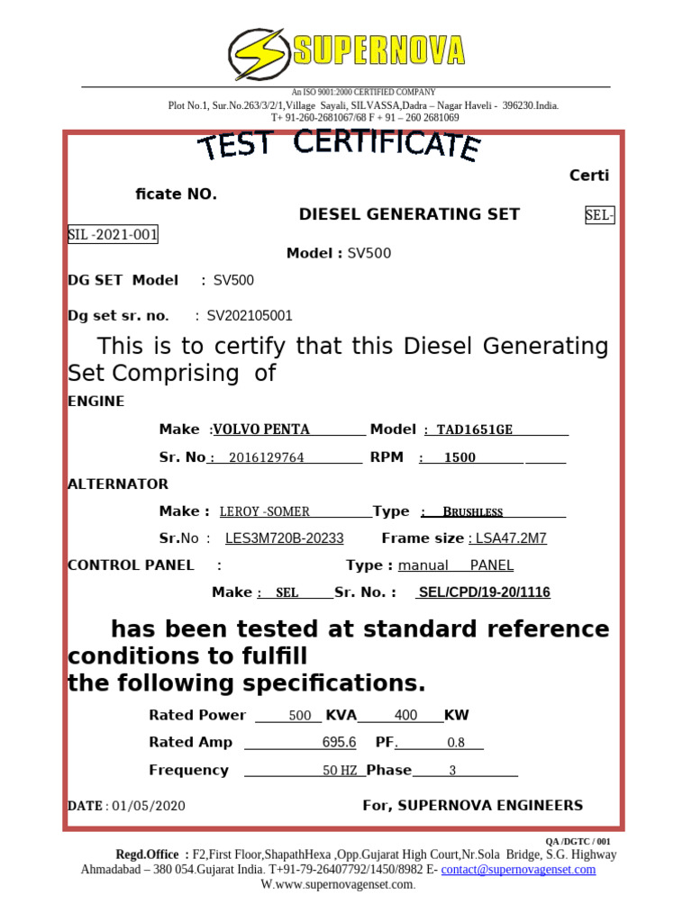 ISO 9001 Certified Diesel Generator SV500 | PDF