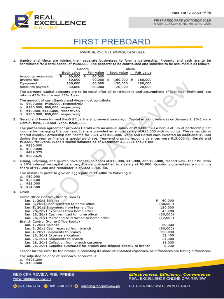 REO CPA Review: First Preboard 2022 | PDF | Exchange Rate | Equity ...
