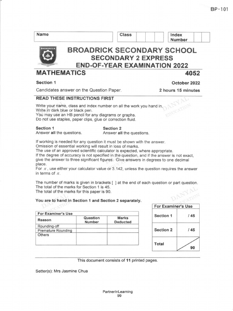 Broadrick Sec 2 Math EOY Exam 2022 | PDF | Triangle | Euclidean Geometry
