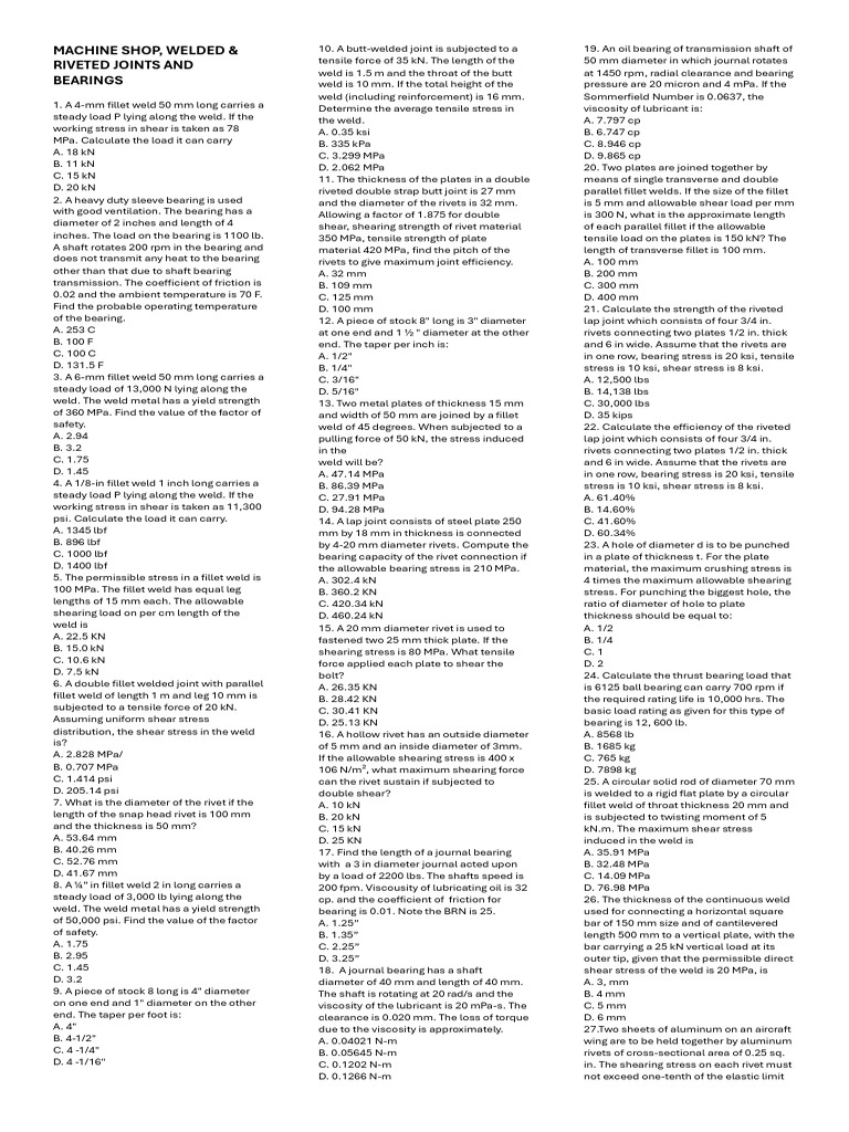MACHINE SHOP Bearings Rivets and Welded Joints | PDF | Strength Of ...