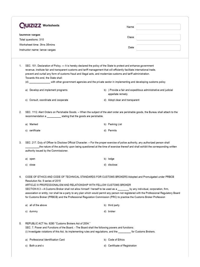 Customs Law - Quizizz - f6f643db E7f3 415d A9e1 4c7435af8ebd | PDF ...
