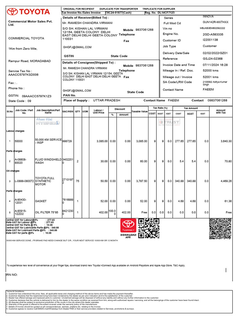 Invoice for 50,000 KM Service | PDF