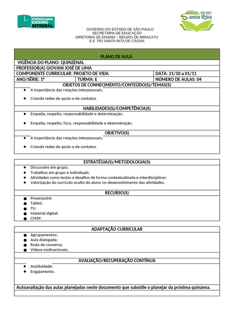 Plano de Aula: Projeto de Vida 1º Ano | PDF